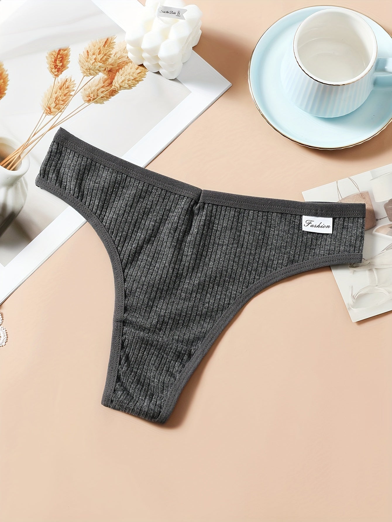 8pcs Solid Ribbed Label Patched Thongs, Sexy Comfy Breathable Stretchy Intimates Panties, Women'S Lingerie & Underwear