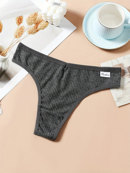 8pcs Solid Ribbed Label Patched Thongs, Sexy Comfy Breathable Stretchy Intimates Panties, Women'S Lingerie & Underwear