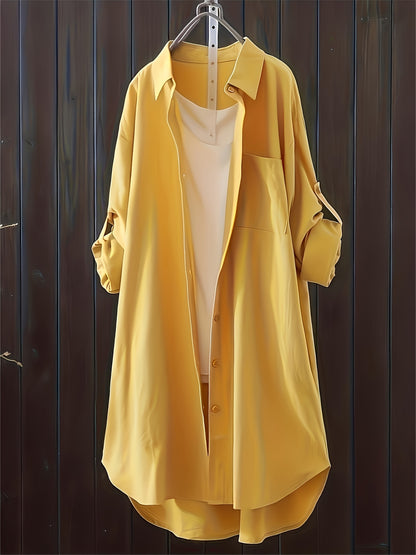 Plus Size, Plus Size Women's Solid Long Sleeve Shirt, Breathable Collar Button Blouse, Loose Fit Elegant Tops for Summer, 1XL-5XL