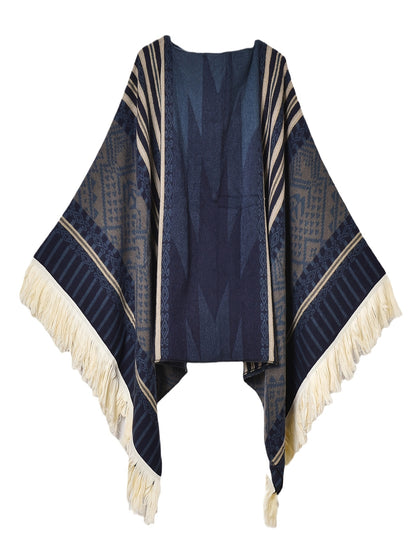 Men's Western Bandit Cape Coat with Tribal Print, Warm V-Neck Poncho with Tassel Trim for Outdoor Adventures, Fall and Winter Casual Wear (Brown/ White)