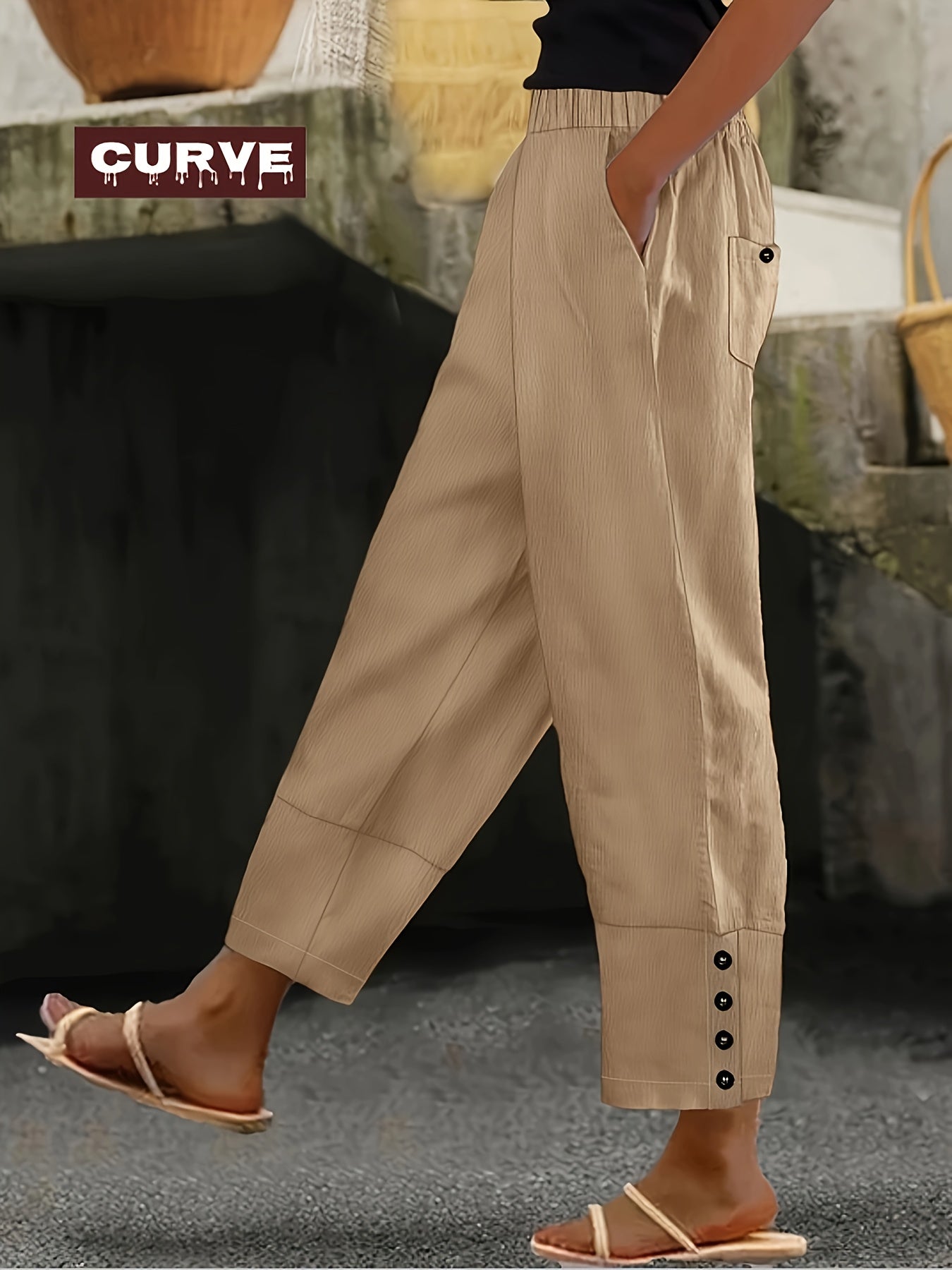 Plus Size - Spring&Summer Plus Size Women'S Casual Straight Pants- High Waisted, Trendy Button Design, Comfortable Fabric - Comfortable, Classic, And Versatile Casual Wear For Work Or Daily Life PIUS Size Trousers