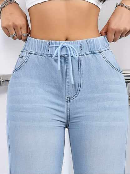 1pc Women's High-Waisted Wide-Leg Jeans Pants - Retro Straight Leg Trousers with Drawstring Waist, Soft- Fabric Suitable for Daily & Streetwear Outfits, Full-Length Bottoms, Hand Washable, Spring/Autumn Wardrobe Essential