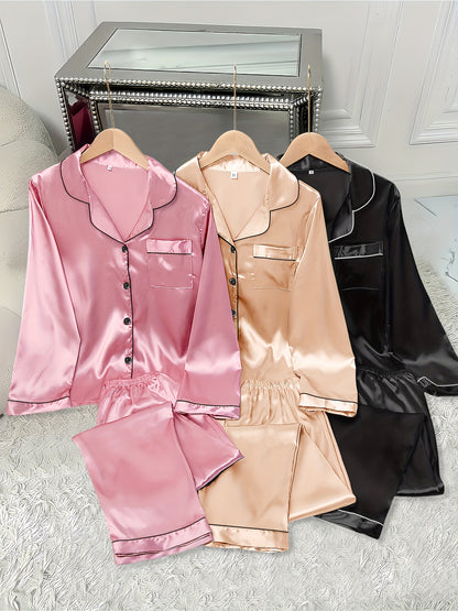 3pcs Women'S Satin Pajama Set - Casual Solid Color Long Sleeve Shirt & Elastic Waist Pants, Lapel Collar, Button Detail, Fall/Winter Sleepwear