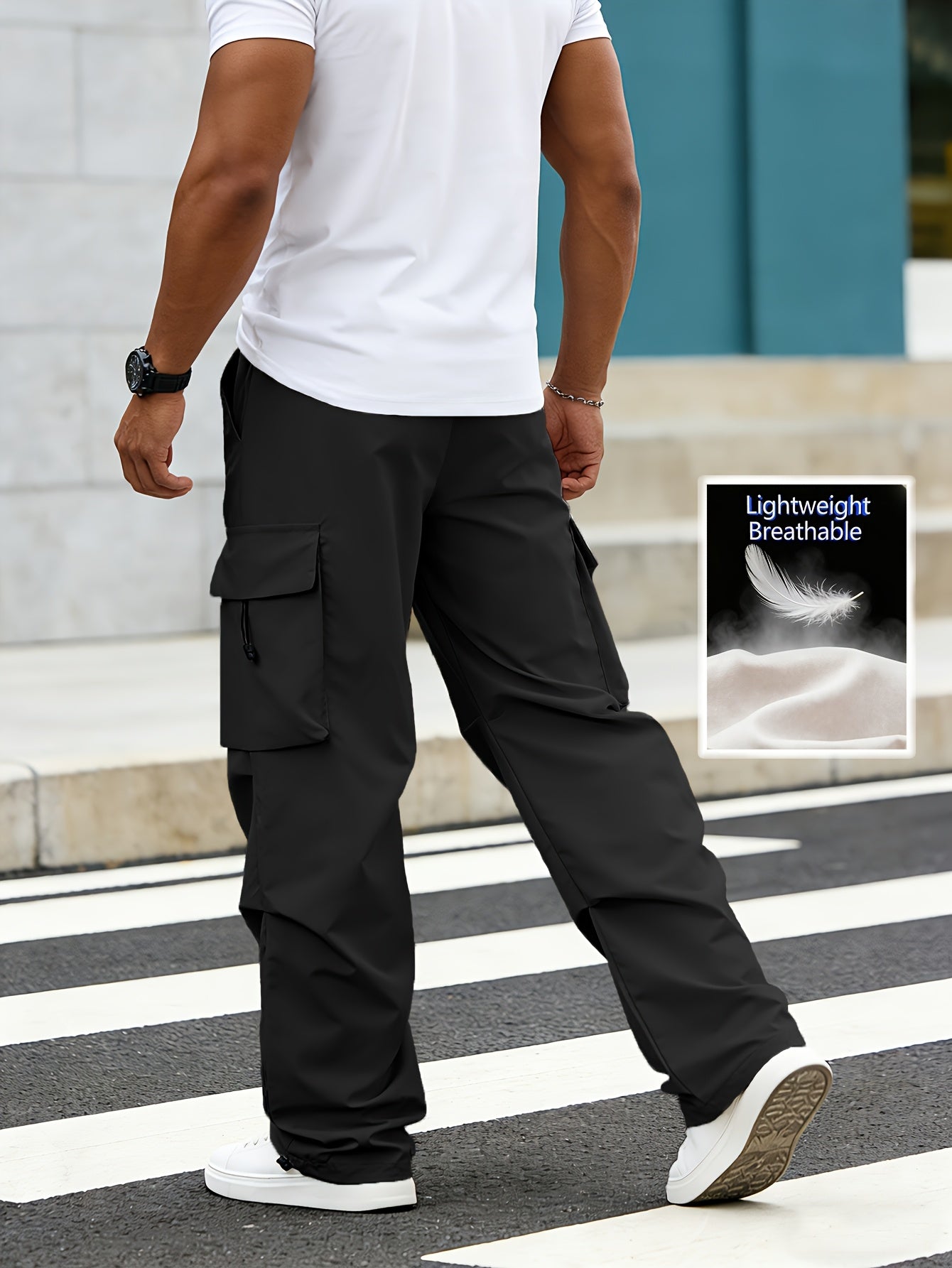 Lightweight Breathable Cargo Trousers for Men, Featuring an Elastic Waistband with a Drawstring, Loose Wide Legs, Multiple Pockets, And Quick-Dry Fabric, Ideal for Outdoor Hiking, Streetwear, Everyday Use, And All-Season Fashion