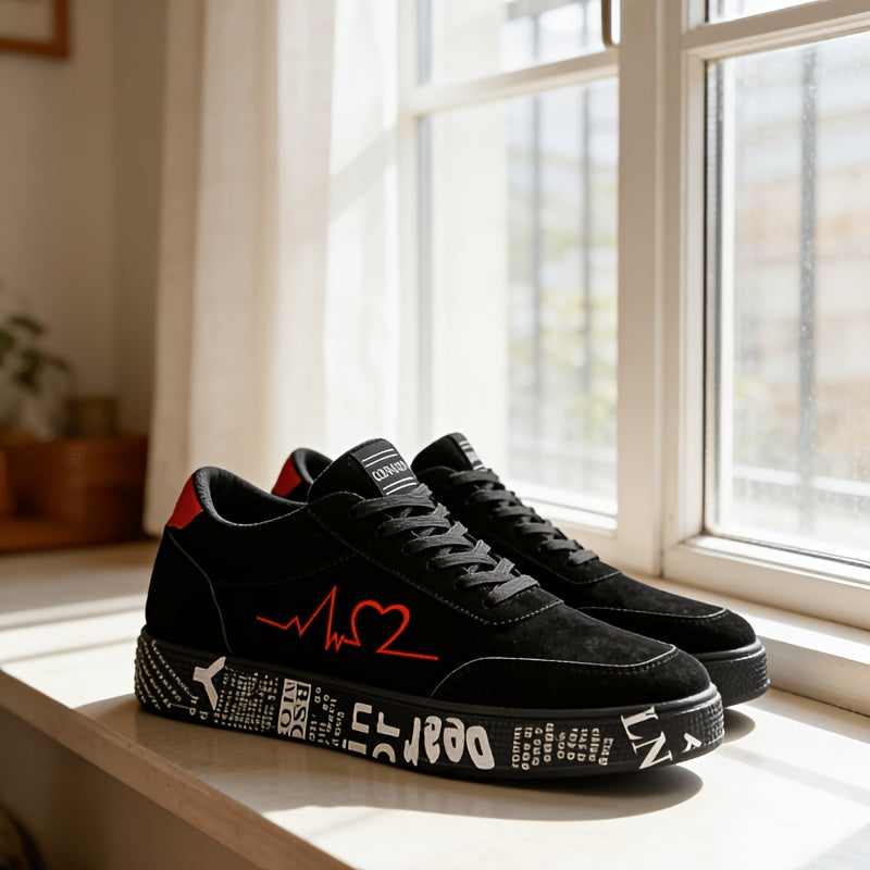 Men's Trendy Skateboarding Sneakers for All Seasons - Electrocardiogram & Heart Pattern Design, Street-Style Fashion Sneakers Suitable for Street Skateboarding And Daily Wear