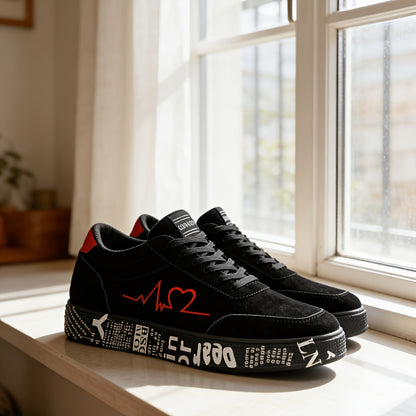 Men's Trendy Skateboarding Sneakers for All Seasons - Electrocardiogram & Heart Pattern Design, Street-Style Fashion Sneakers Suitable for Street Skateboarding And Daily Wear