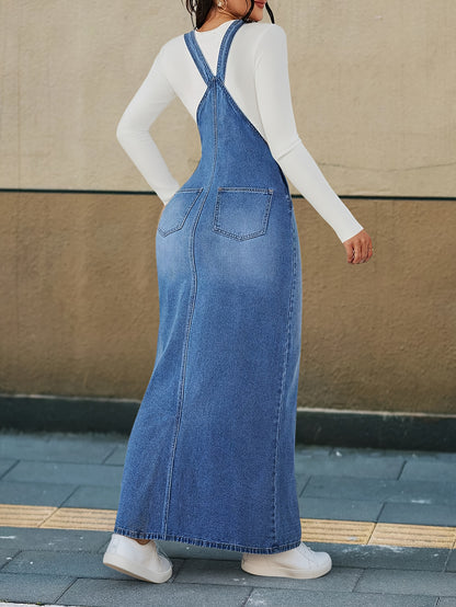 [Durable Denim Dress] Durable Denim Dress - Women's Non-Stretch Loose Fit Long Skirt with Detachable Strap, Multiple Buttons for Easy Closure, Everyday to Formal Outfits - Casual Chic Outwear, Versatile Outfit Option