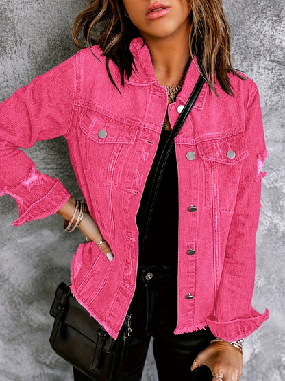Women's Ripped Washed Button-Up Boyfriend Denim Jacket Coat with Pockets, Casual Classic Distressed Denim Outerwear TZ001