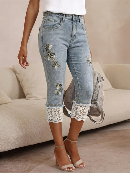 Women's High-waisted Embroidered Lace-trimmed Denim Capri Pants, Light Blue, Retro Sweet And Cool Style, Slim Fit, Versatile for Casual Attire, Commuting, And Dates, Suitable for Spring And Summer.