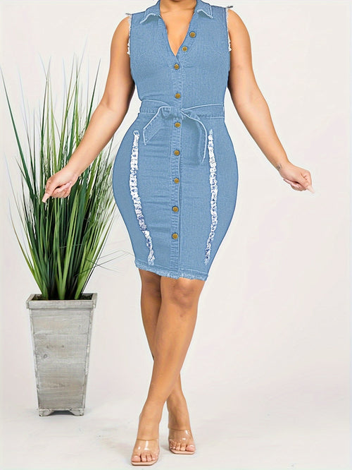 Blue Women's Sleeveless Denim Bodycon Midi Dress - Sexy V-Neck with Front Button Closure, Raw Trim Detail & Stretchy Comfort Fit, Machine Washable All-Season Casual to Evening Dress, Weekend Wear, Comfortable Fit, Trendy Women