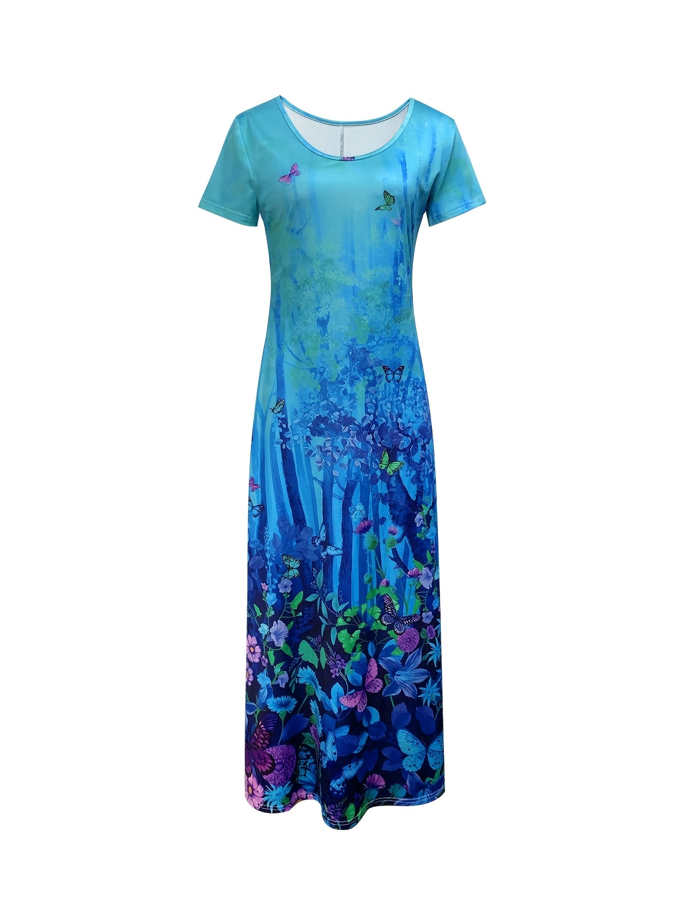 New Fashion Vacation Style Plant Butterfly Printed Short Sleeve Dress [Directional]