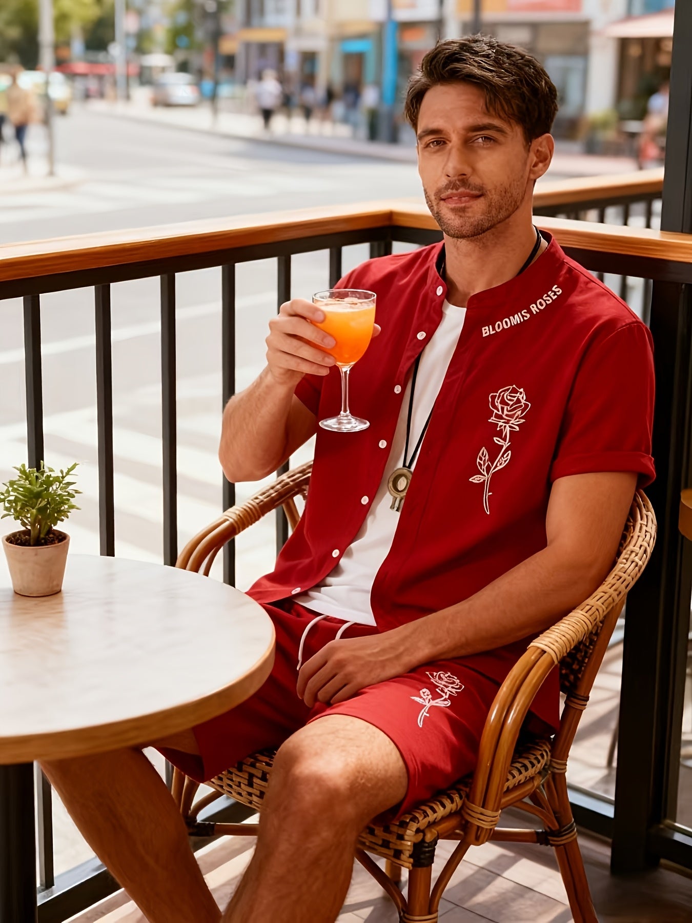 2pcs Printed Men's Summer Short Sleeve Button Shirt and Shorts Set
