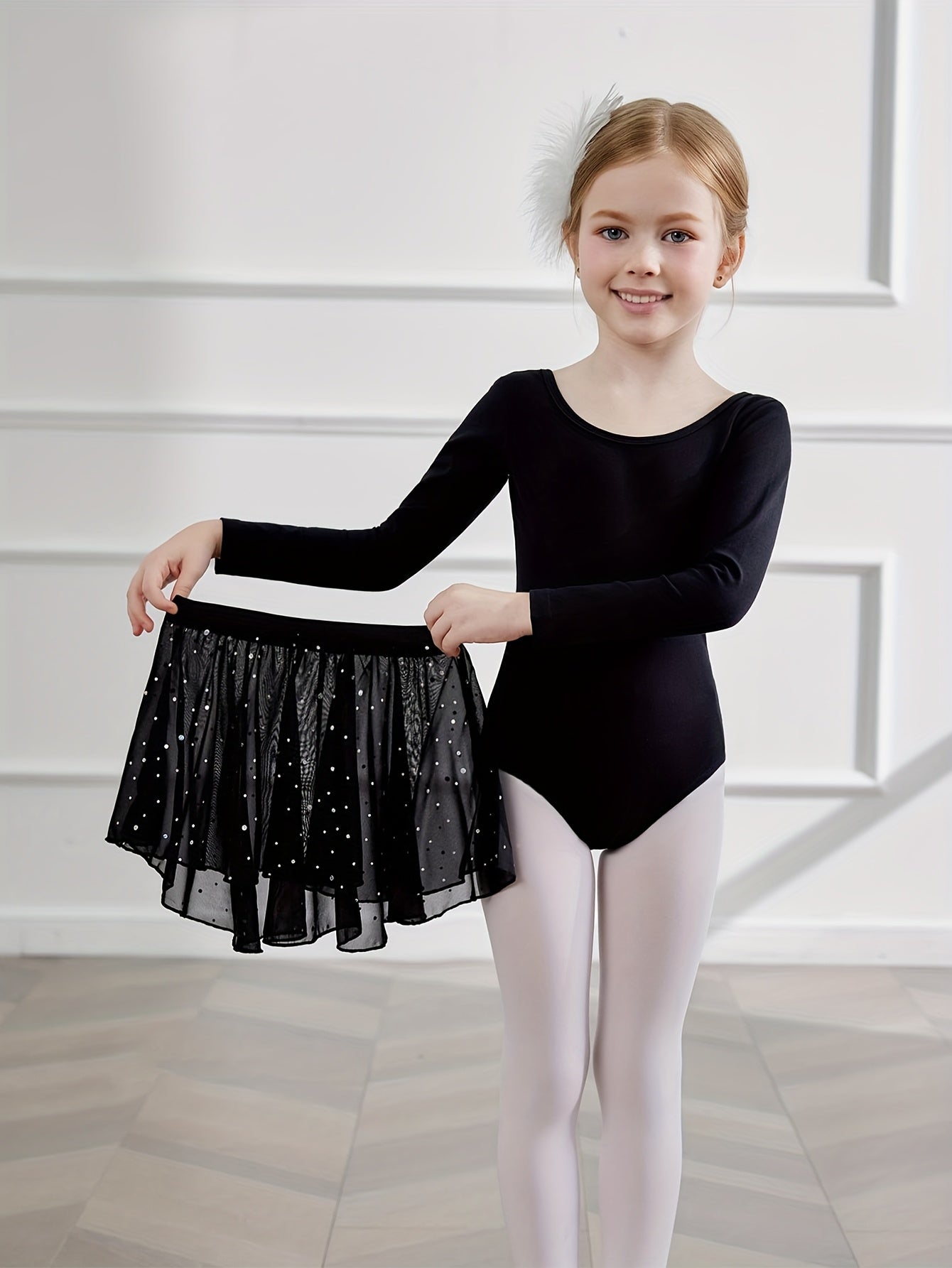 Girls' 2pcs Ballet Leotards Long Sleeve Cross-Back Dance Leotard with Detachable Shiny Skirt, Stretchy Polyester Dance Dress for Parties, Birthdays & Sports Events, Perfect for Outdoor, All Seasons, Gift for Back-to-School Season, Beach Essentials