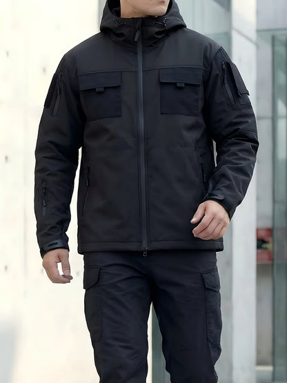 Men's Windproof Outdoor Jacket - Heavy-Duty Full-Zip Hooded Coat with Zippered Pockets, Scratch-Resistant Shell for Hiking, Camping, Hunting (Belt Included) Adjustable Hood -All-in-One Outdoor Shell Coat for Camping Essentials, Rugged Design, Durable