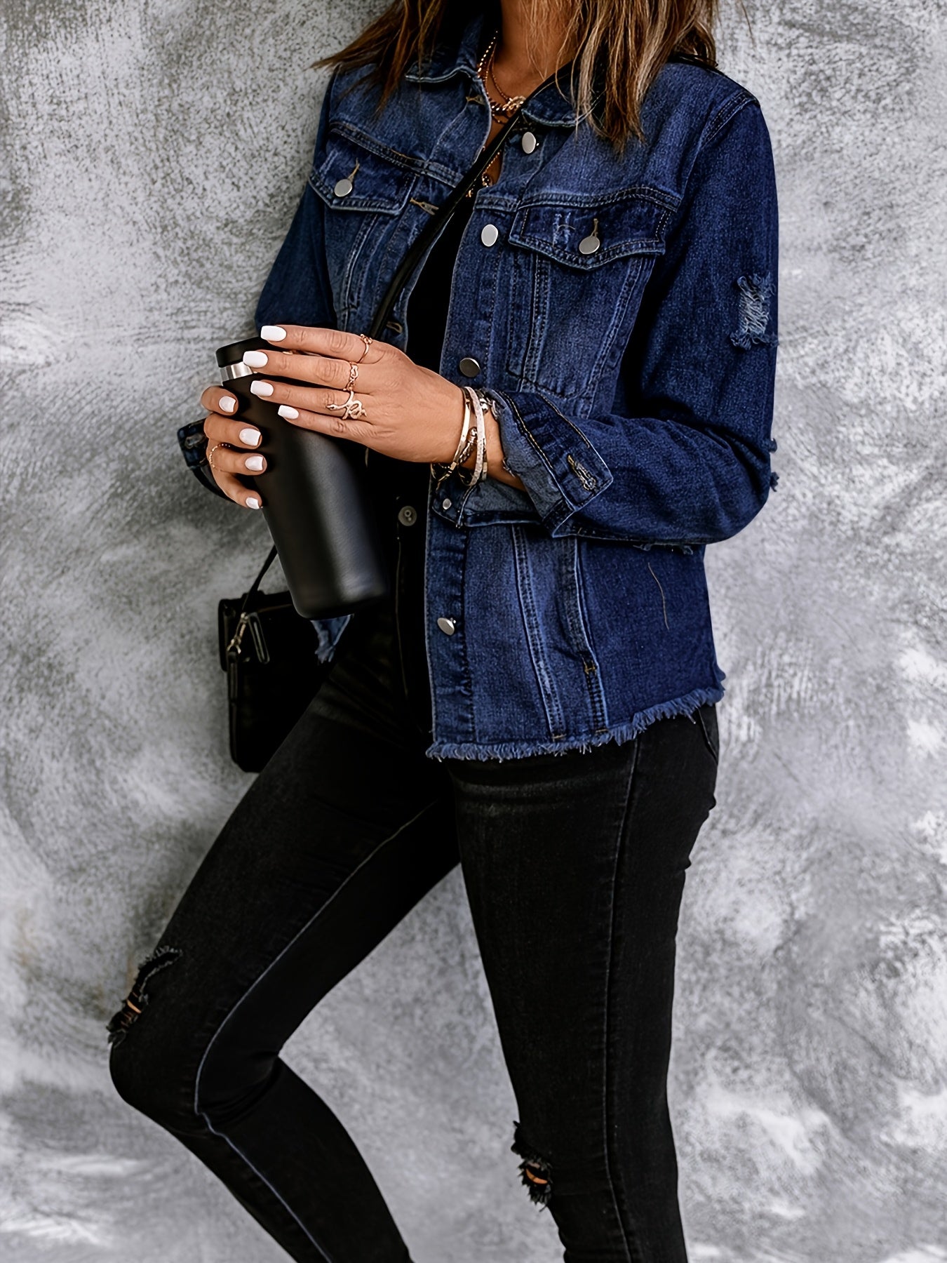 Washed Out Women's Denim Jacket with Pockets; Boyfriend Style; Distressed Look.