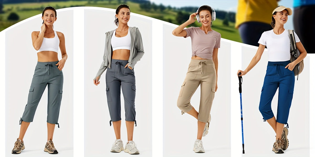 2pcs Women'S Cargo Capris Hiking Pants 50+ Quick Dry Outdoor Athletic Travel Lightweight Casual Loose Comfy Cute Pockets