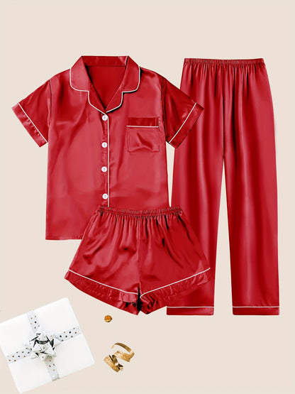 Women'S Solid Satin Casual Pajama Set, Short Sleeve Buttons Lapel Top & Shorts & Pants, Comfortable Relaxed Fit