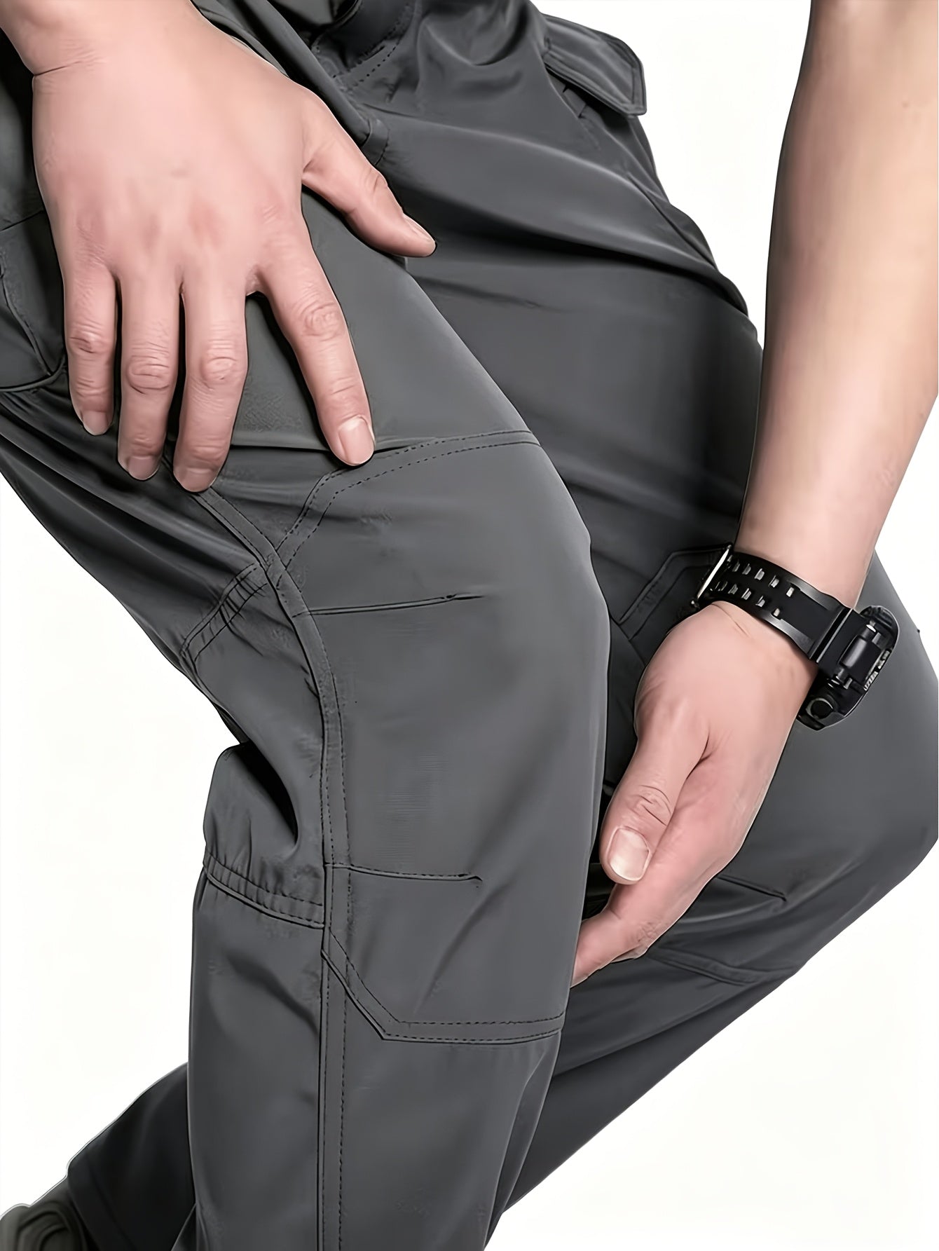 2pcs, Men's Lightweight Tear-resistant Work Hiking Pants with 9 Pockets | Elastic Waist, Non-Elastic Fabric, Solid Color, Ideal for Outdoor Activities Such as Mountaineering, Rock Climbing, Camping, Fishing, Hunting