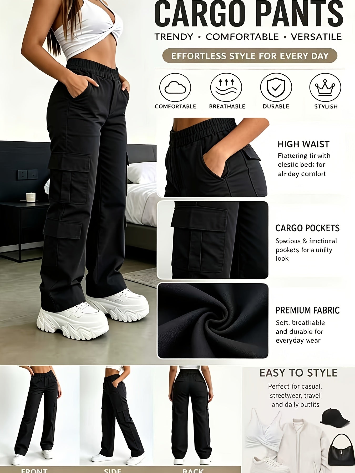 1 Pair Women'S High-Waisted Multi-Pocket Sporty Work Pants. Comfortable And Breathable. Suitable for Daily Outings, Shopping, Dating, Casual Wear, Weddings, Formal Events, And Graduation Ceremonies. The Perfect Choice for Gatherings with Friends