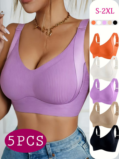 5pcs Ribbed Wireless Bra - High Elastic, Breathable & Strong Support | Comfortable No-Squeeze for Daily Wear, Yoga & Gym Workouts