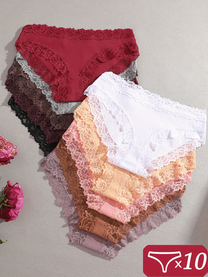 10pcs Women' Soft Breathable Underwear - Low-Rise Lace Briefs, Minimalist Solid Color Non-Sheer Low- Waist Panties, Comfortable Casual Attire Pack (10pcs)