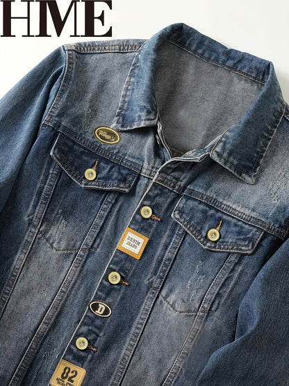 HME Men'S Spring And Autumn Style, Denim Jacket, Slim Fit Fashionable Embroidered Men'S Denim Coat, Suitable for Daily Streetwear, Motorcycle, And Stylish Outfits, Tailored Without Stretch, with a Defined Shape