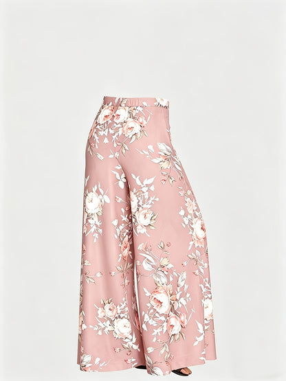 Plus Size - New Women'S Solid Color Top And Printed Pants Chiffon Fashion Style Set Top And Pants Two Piece Set