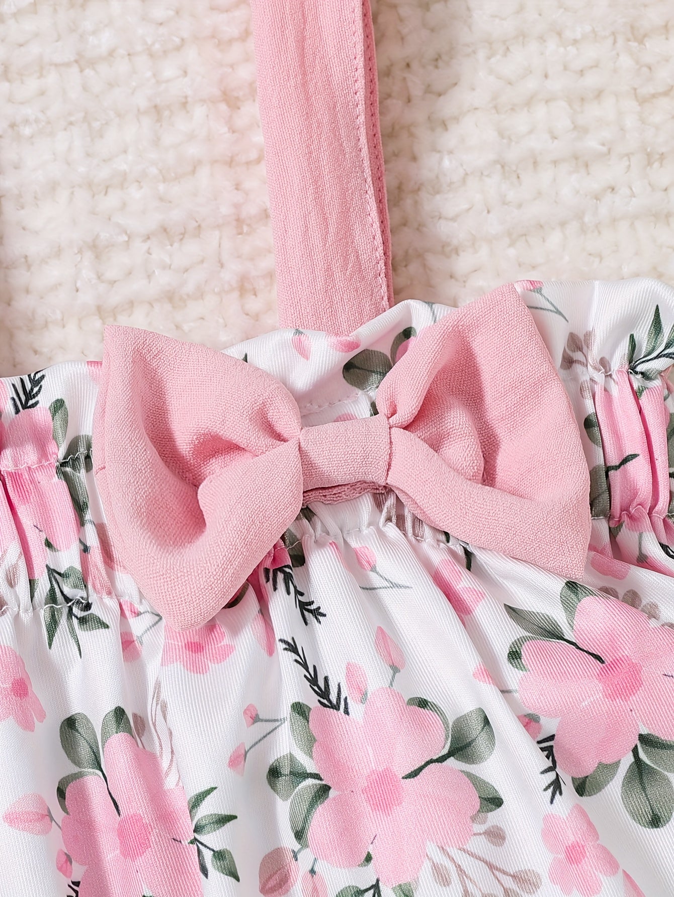 2pcs Baby Girls' Spring Summer Pink Floral & Bow Dress Set - Ruffled Sleeve Smock Dress & Matching Shorts with Elastic Waist, Machine Washable Playwear Outfit for & Young Girls (Casual Photo Shoot Clothes), Perfect for Outdoor
