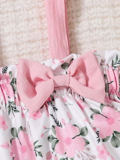 2pcs Baby Girls' Spring Summer Pink Floral & Bow Dress Set - Ruffled Sleeve Smock Dress & Matching Shorts with Elastic Waist, Machine Washable Playwear Outfit for & Young Girls (Casual Photo Shoot Clothes), Perfect for Outdoor