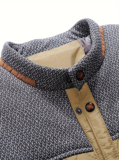 Men's Casual Stand Collar Plaid Side Seam Pocket Patchwork Jacket