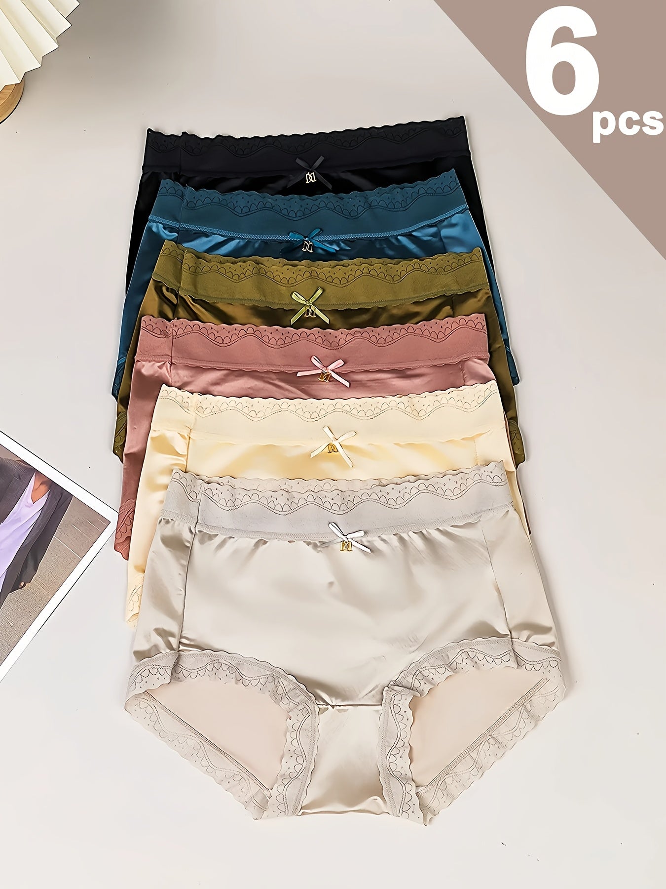 6pcs Women's Satin & Lace Trim Briefs - Comfy, Breathable, Stretchy High Waist Panties for Elegant Comfort