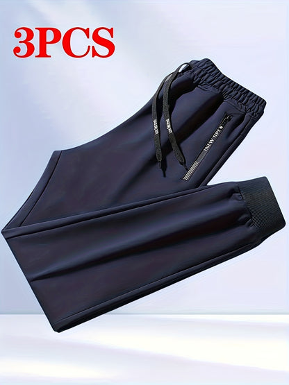 Men's 3pcs Set Solid Color Loose Casual Sport Pants - Letter-printed Zipper Pockets, Elastic Drawstring Waist, All-season Fitness And Daily Jogging Pants, Machine-washable Black/navy Blue/gray - Mens Sweatpants for Summer 3pcs with Pockets