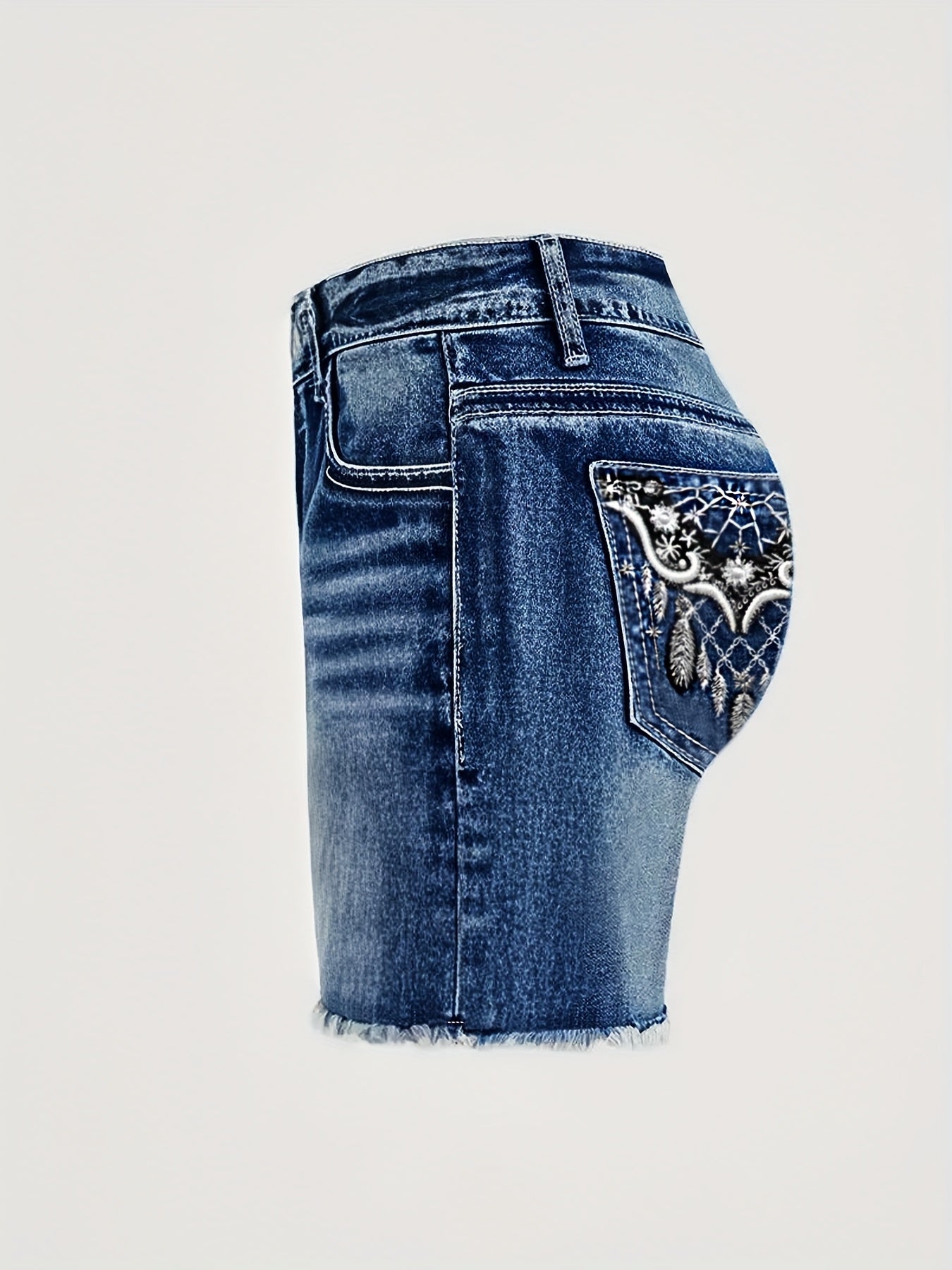 Women'S High-Waist Stretch Washed Blue Embroidery Frayed Denim Shorts - Casual Mature Style Versatile For Outings