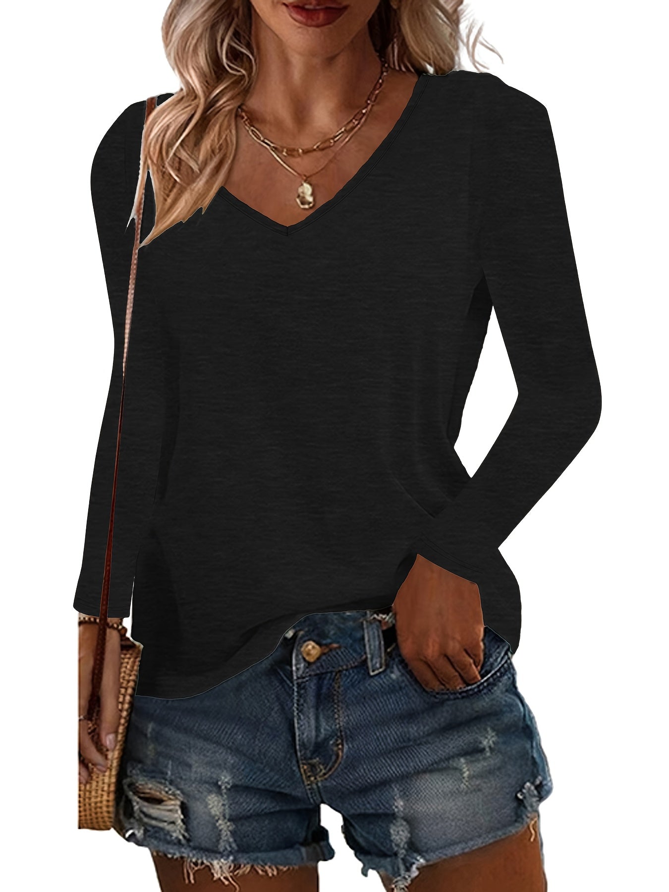 SINHOON 4pcs Women's Clothes Spring And Autumn Casual Top, Solid-Color Long-Sleeved V-Neck T-shirt