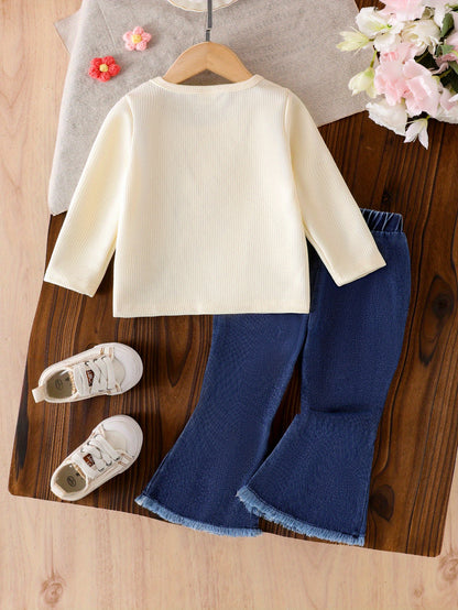 2pcs Baby Girls Set 3D Floral Long Sleeve Top Denim Flare Jeans Spring Fall Outdoor Play Outfit, Perfect for Outdoor
