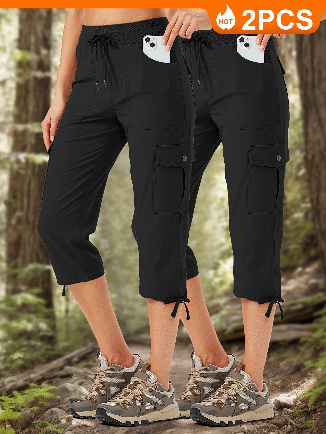 2pcs Women'S Cargo Capris Hiking Pants 50+ Quick Dry Outdoor Athletic Travel Lightweight Casual Loose Comfy Cute Pockets
