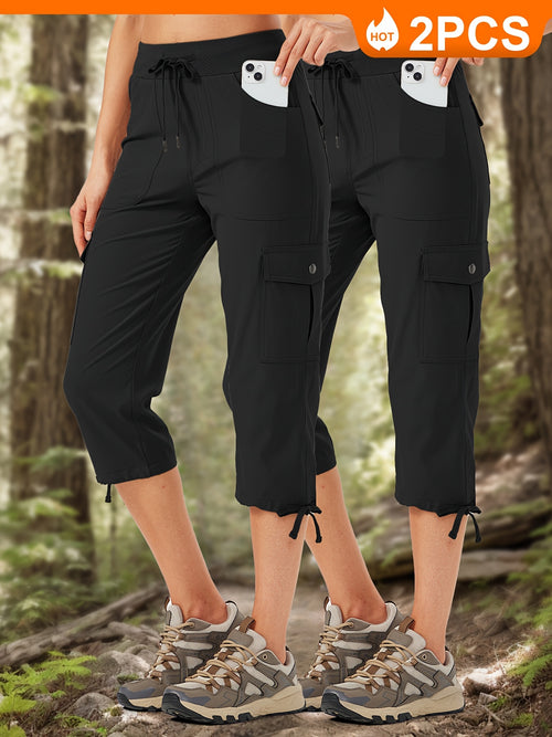 2pcs Women'S Cargo Capris Hiking Pants 50+ Quick Dry Outdoor Athletic Travel Lightweight Casual Loose Comfy Cute Pockets