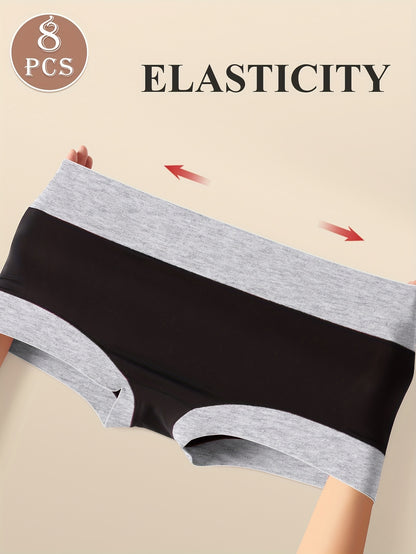 8pcs Women's Boyshorts High Waist Briefs, Boxer Briefs, Soft, Comfortable, Contrast Color, Light Tummy Control