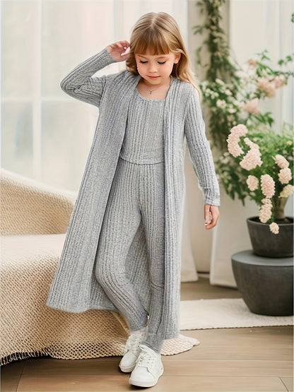 Stretchy Knitwear 3pcs Girls, Long Sleeve Shawl Knit Cardigan + Top + Leggings Kids Gift, perfect for casual outdoors & walking dog, Perfect for Outdoor