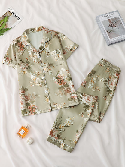 Solid Satin Pajama Set, Casual Short Sleeve Buttons Lapel Top & Shorts, Women'S Sleepwear