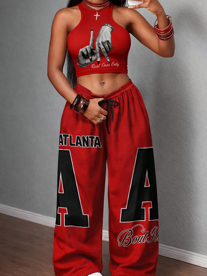 Vest Wide-Leg Pants - Two-Piece Set - Casual Street Fashion Versatile - Color-Blocking Belt Jumpsuit - Loose Pants Suit - Party Sexy Hot Outfit - Number 10 Print Drawstring Waistband - Suitable for Multiple Occasions