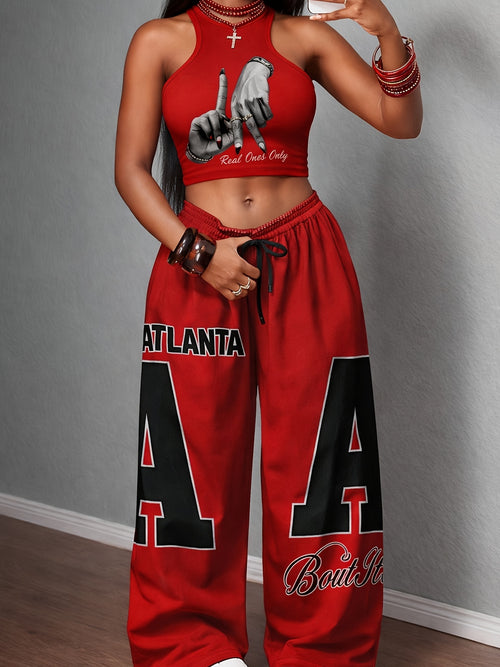 Vest Wide-Leg Pants - Two-Piece Set - Casual Street Fashion Versatile - Color-Blocking Belt Jumpsuit - Loose Pants Suit - Party Sexy Hot Outfit - Number 10 Print Drawstring Waistband - Suitable for Multiple Occasions