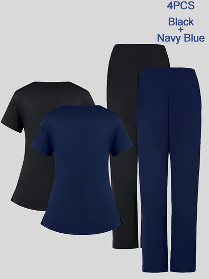 4pcs Set for Women'S V-Neck Matte Breathable Uniform Pocket Hand Washing Work Clothes Brush Hand Clothes Clothes Pants Set