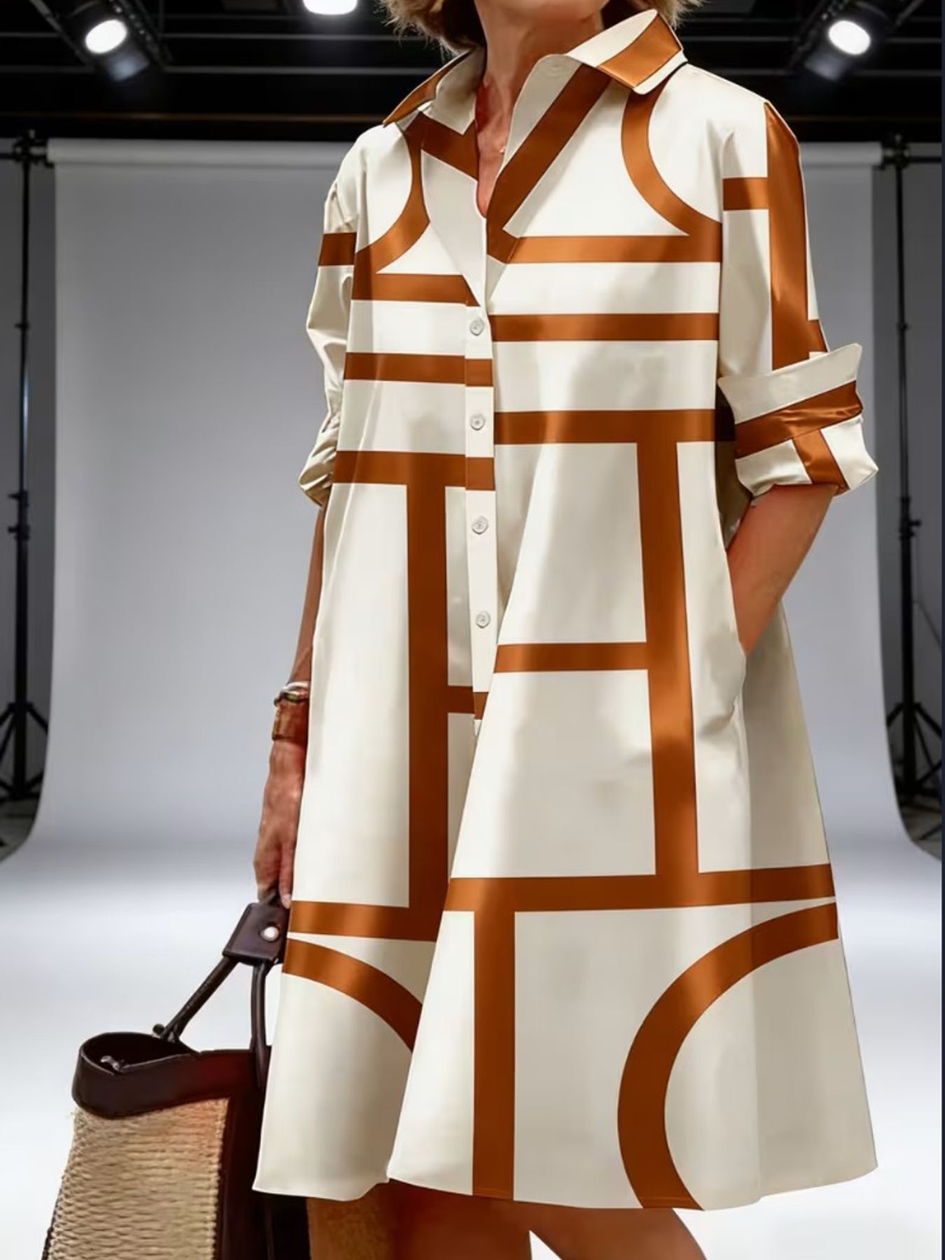 [Satin Shirt Dress] Women's Satin Shirt Dress Geometric Print Casual Loose V Neck Long Sleeve Dress With Pockets