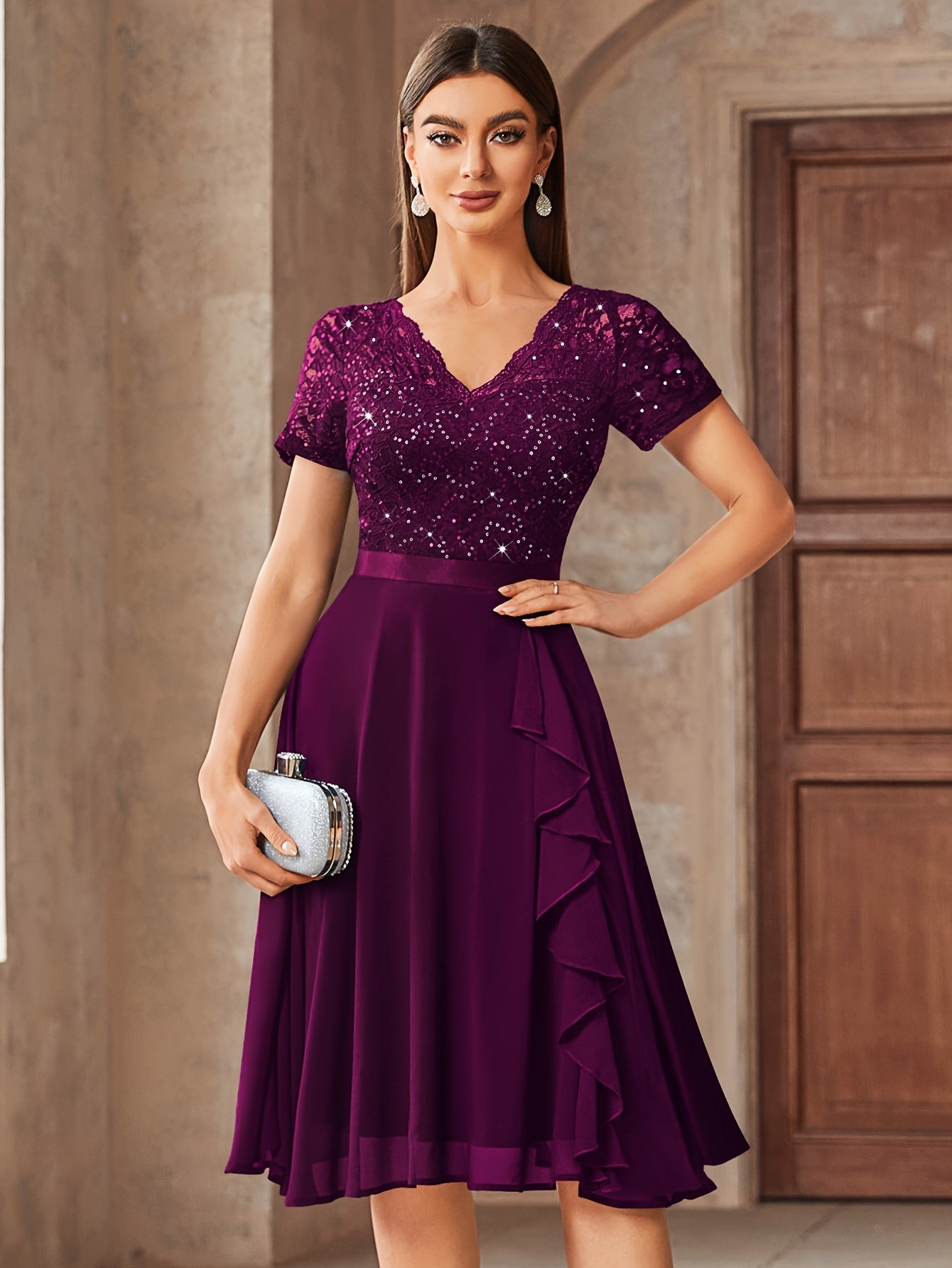 24224 Elegant Womens Sequin Lace Chiffon A Line Bridesmaid Dress, V Neck Short Sleeves, Ruched Ruffle Hem, Perfect for Graduation Season, Wedding Season, Summer Wedding Guest, Evening Party, Cruise Party And Birthday Celebration