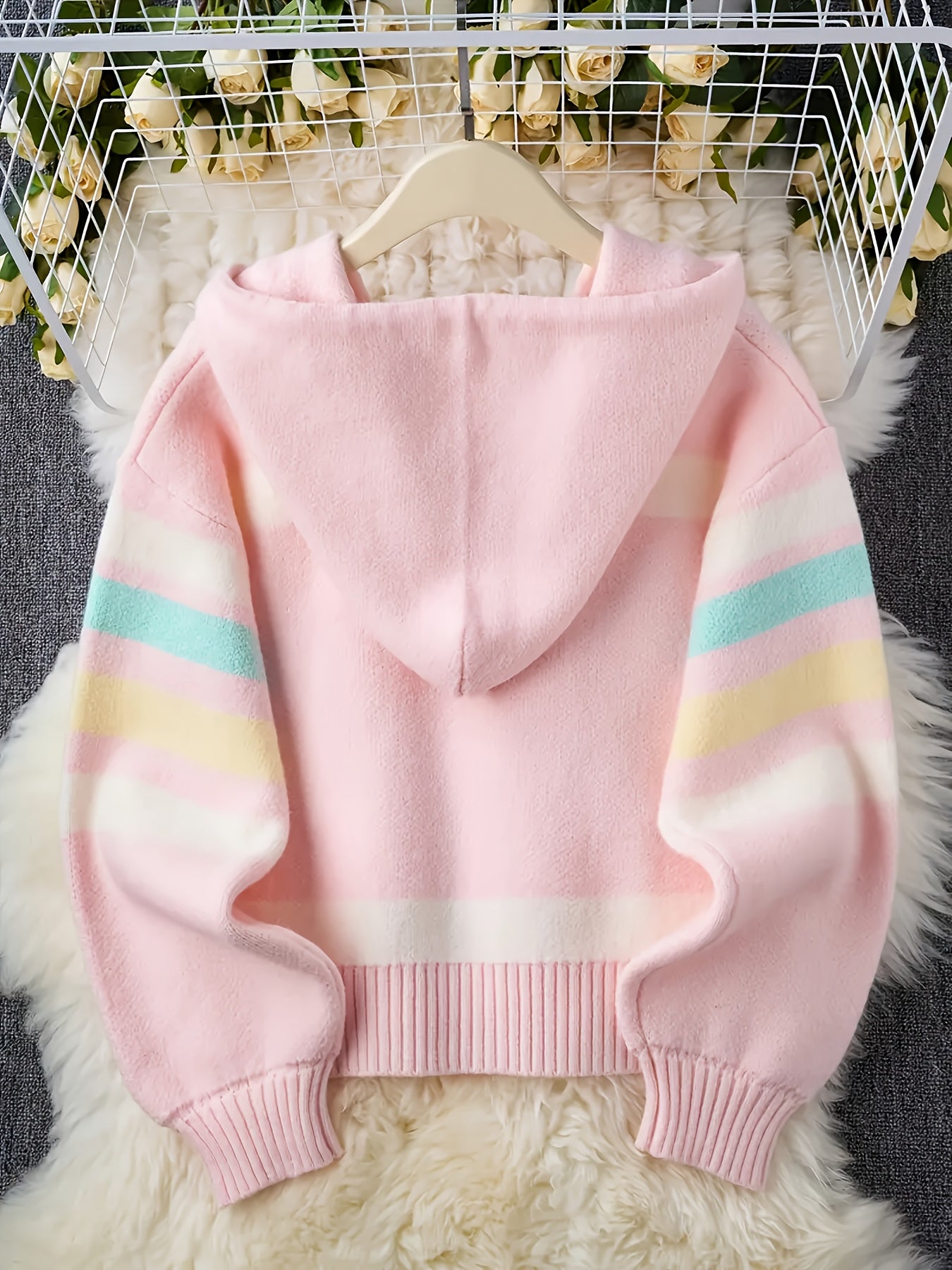Hooded Cardigan with Rainbow Stripes, Women'S Standard Size Sweater, Soft And Comfy Loose-Fitting Sweater Jacket