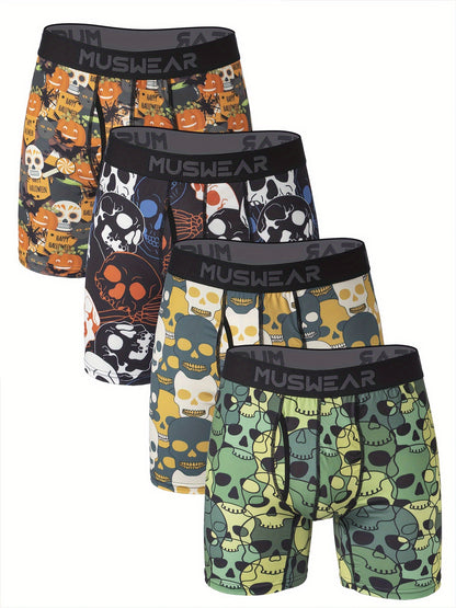 4pcs MUSWEAR Men's Boxer Briefs, Halloween Skull Print, Moisture-Wicking, Quick-Dry, Side-Opening, Long Length, Stretch Polyester with Spandex, Casual Sportswear Underwear