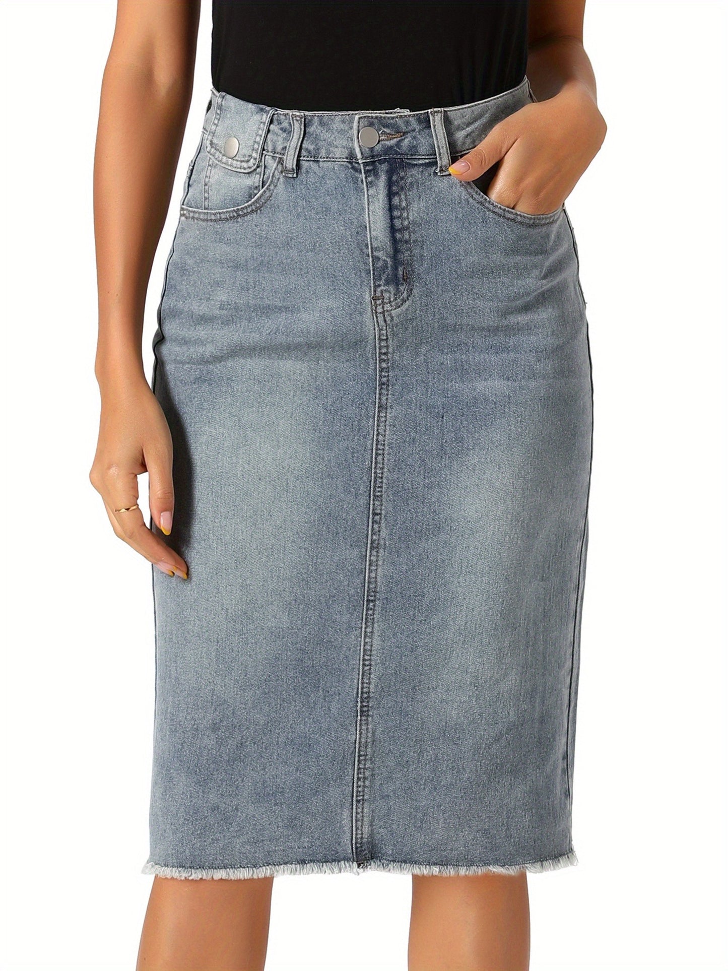 Women's Casual Jean Skirt High Waist Back Slit Stretch Denim Skirts