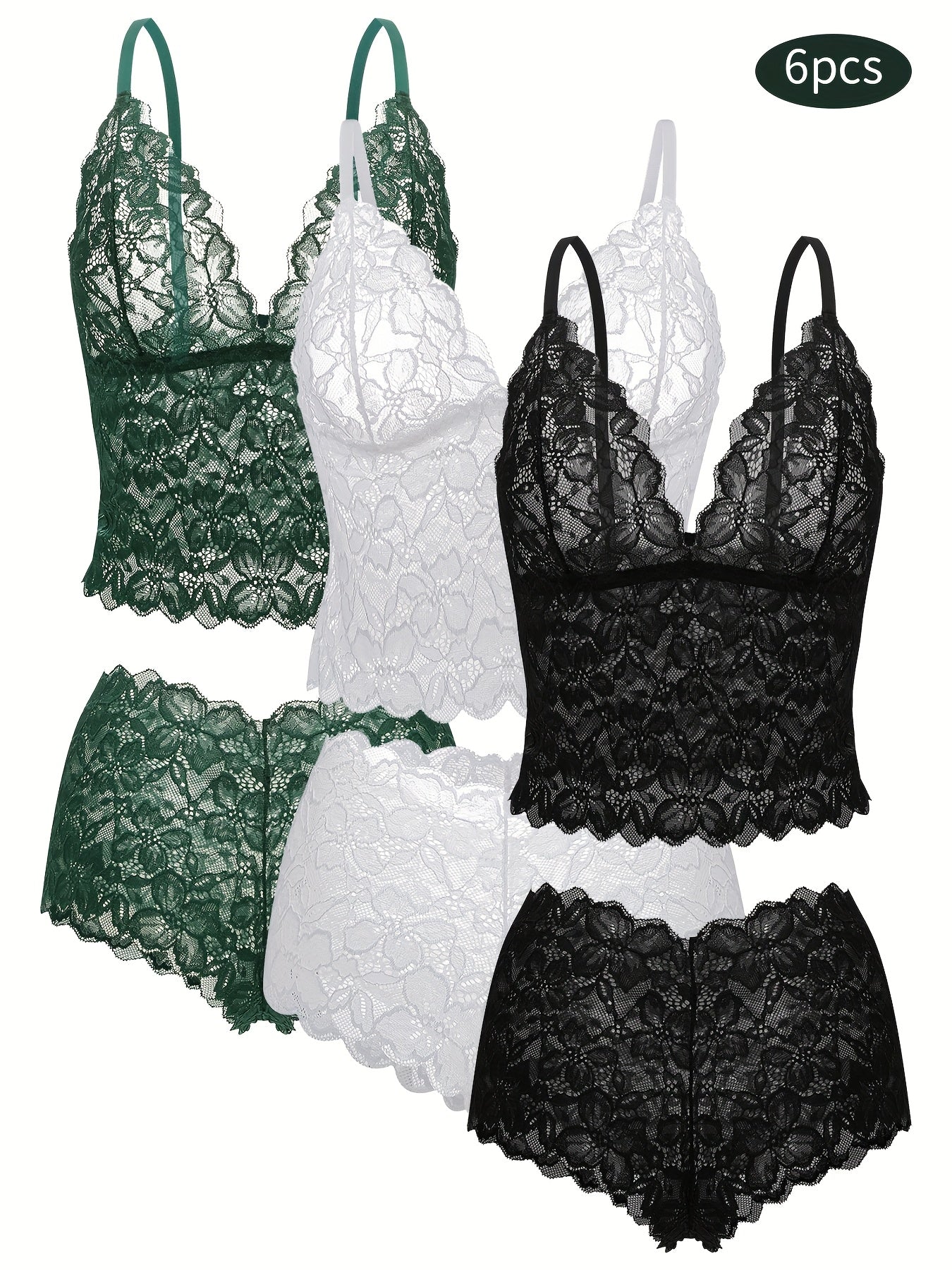 6pcs Women's Sexy Transparent Floral Lace Pajama Lingerie Set High Waisted Pajamas Breathable Sexy Erotic Bra And Panties Six Piece Pajama Set, All The Romantic Style!,