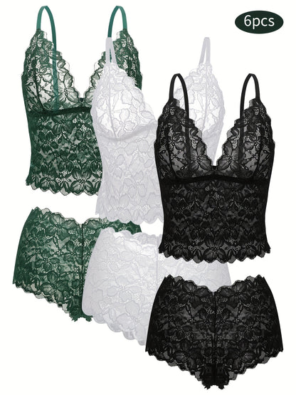 6pcs Women's Sexy Transparent Floral Lace Pajama Lingerie Set High Waisted Pajamas Breathable Sexy Erotic Bra And Panties Six Piece Pajama Set, All The Romantic Style!,